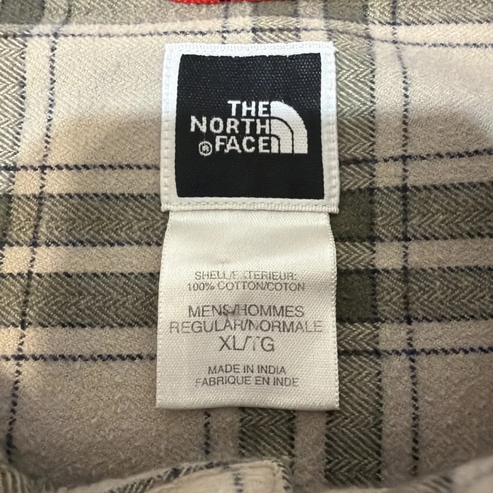 The North Face Men's XL Plaid Flannel Button-Up Shirt Beige Green Gray